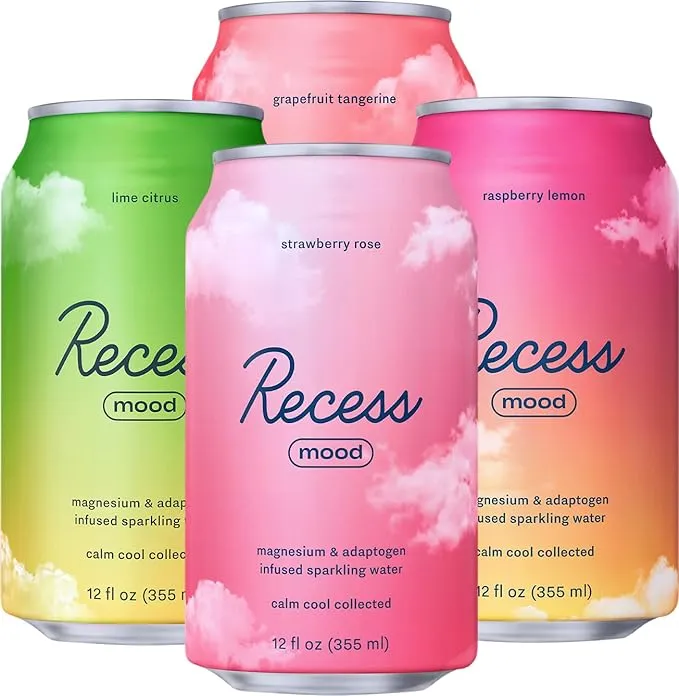 Recess Mood Magnesium & Adaptogen Drink, Relaxation Beverage, 12 ounce (Variety Pack, 12 pack)