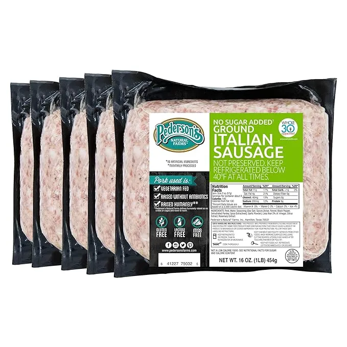 Pederson’s Farms, Italian Ground Sausage, Whole30 (5 Pack, Pork, Use/Freeze) 16oz ea - No Sugar Added, Keto, Paleo Diet Friendly, No Nitrates Nitrites, Gluten Free, Uncured Sausage, Made in the USA