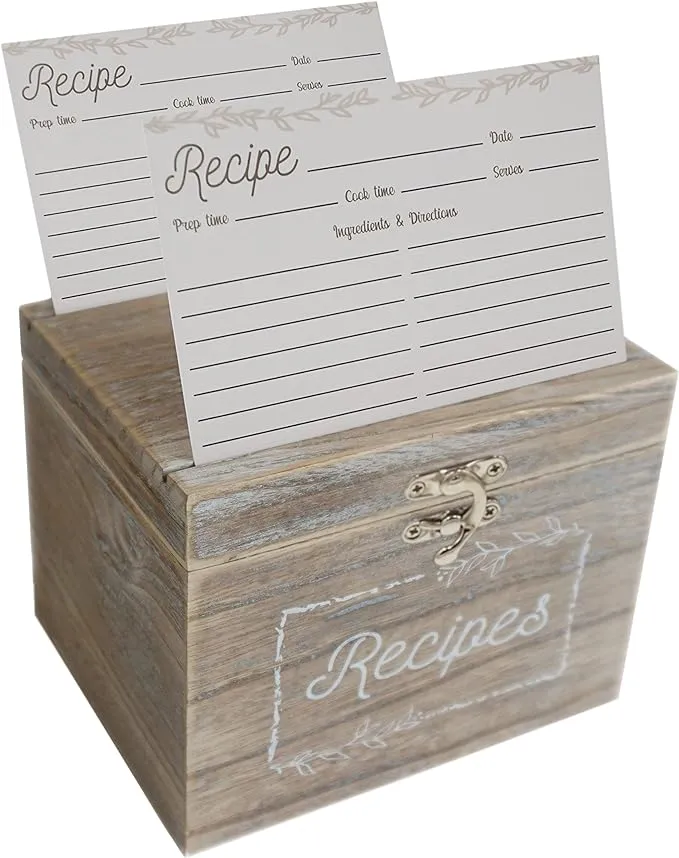 Dekali Designs Rustic Recipe Box and Cards and Dividers (4x6 Inches) - Comes with 50 Recipe Cards and 12 Beautiful Dividers - Wood Recipe Holder