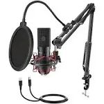 FIFINE USB Gaming Microphone Set with Flexible Arm Stand Pop Filter, Plug and Play with PC Desktop Laptop Computer, Streaming Podcast Mic Kit for Home