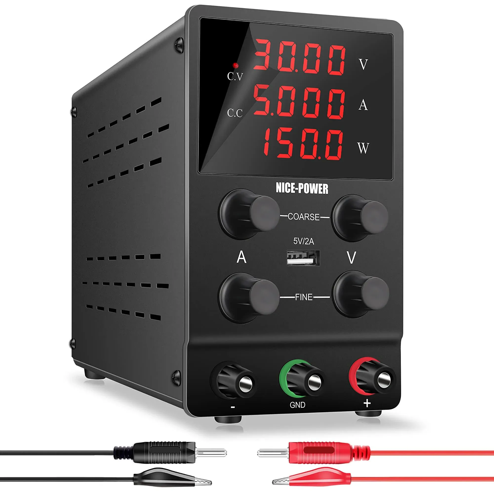 NICE-POWER Adjustable DC Power Supply: 30V 5A Variable Switching Regulated High Precision 4-Digits LED Display 5V/2A USB Port Test Lead Output & Input Power Cord Bench Lab Power Supplies