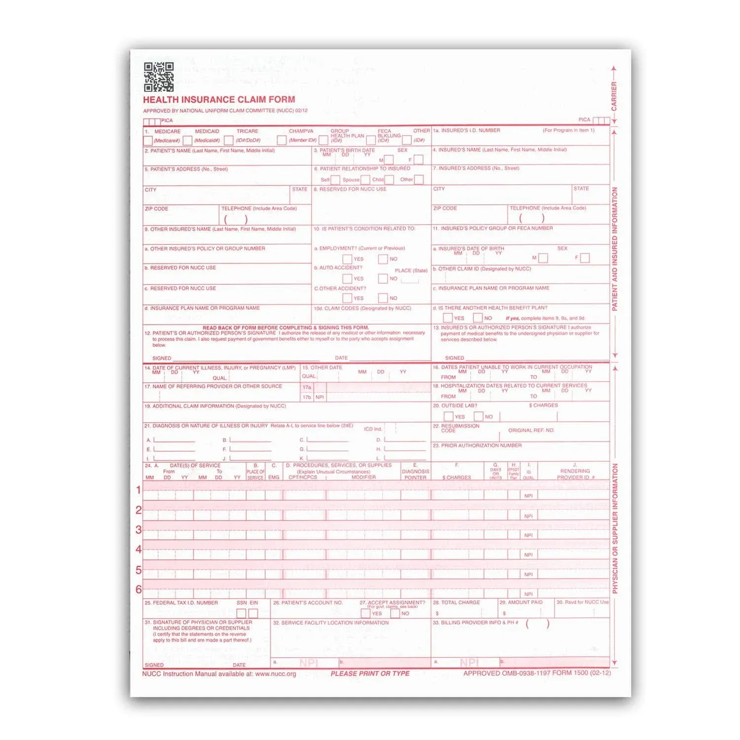 NEW CMS 1500 Claim Forms - HCFA (Version 02/12) (100 Sheets)