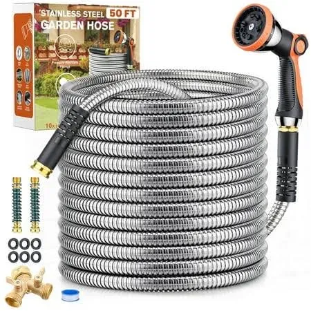 Itsonestep Garden Hose 50 ft, Metal Stainless Steel Water Hose with 10 Function Nozzles, No Kinks, Flexible Hose, Lightweight, Puncture Proof, Heavy