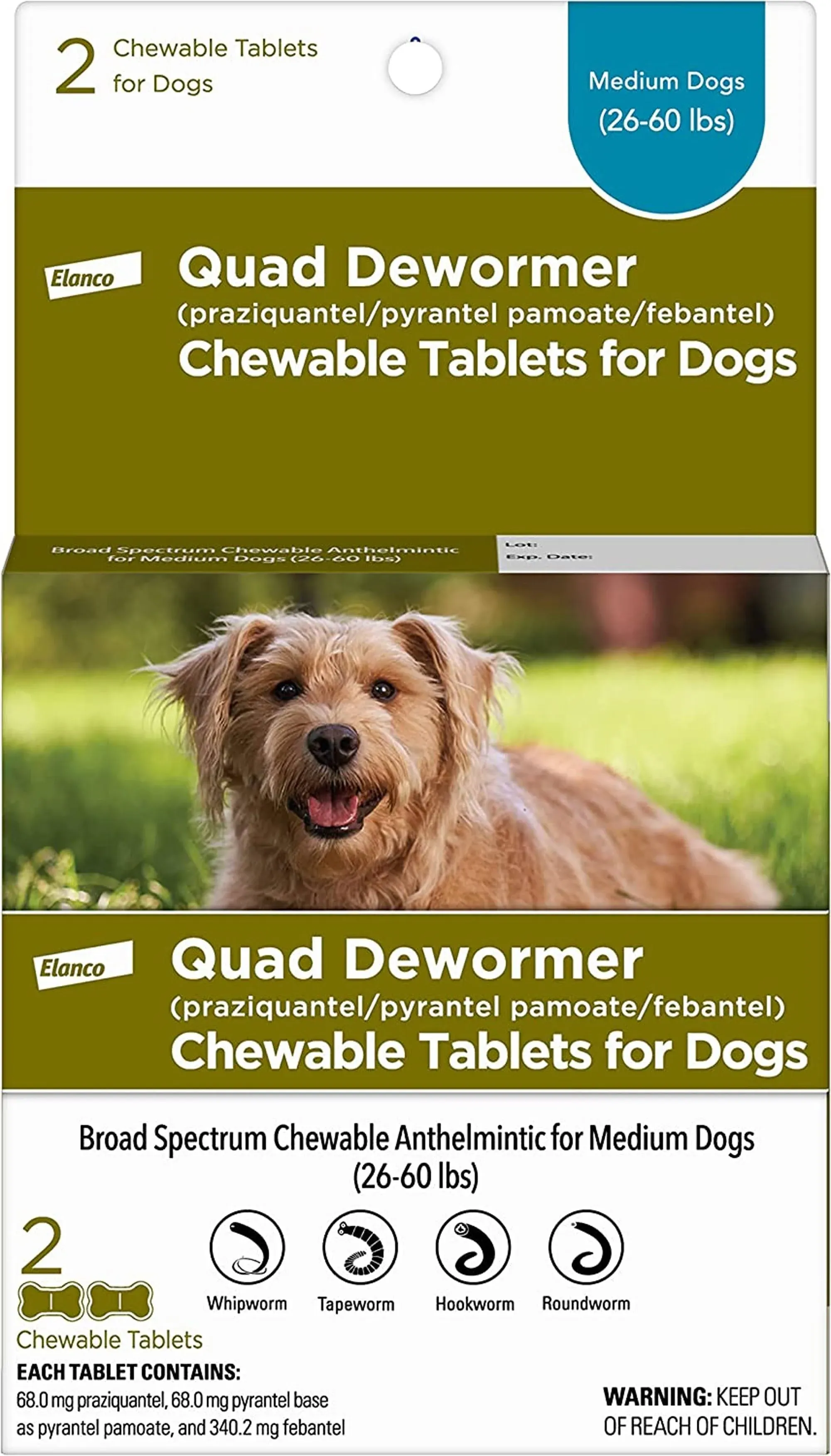 Elanco🐾Quad Chewable Dewormer Tablets (2) for Medium Size Dogs🐾(26-60lb<wbr/>s)11/25