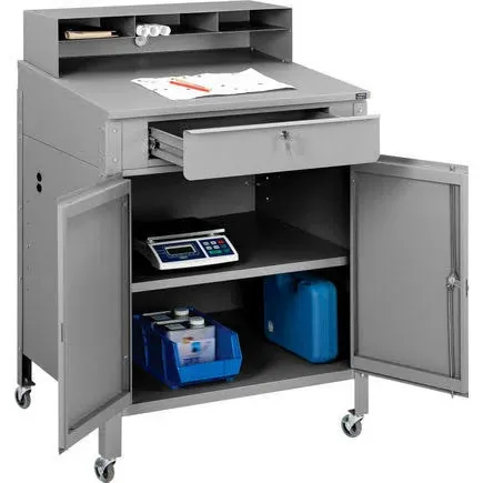 Global Industrial Mobile Cabinet Shop Desk w/ Pigeonhole Riser, 34-1/2"W x 30"D, Gray