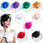 9 Pcs Fascinator Hats for Women Tea Party Hats 20s 50s Cocktail Hat with Feather mesh Veil for Wedding Church(Fresh Colors,Delicate Style)