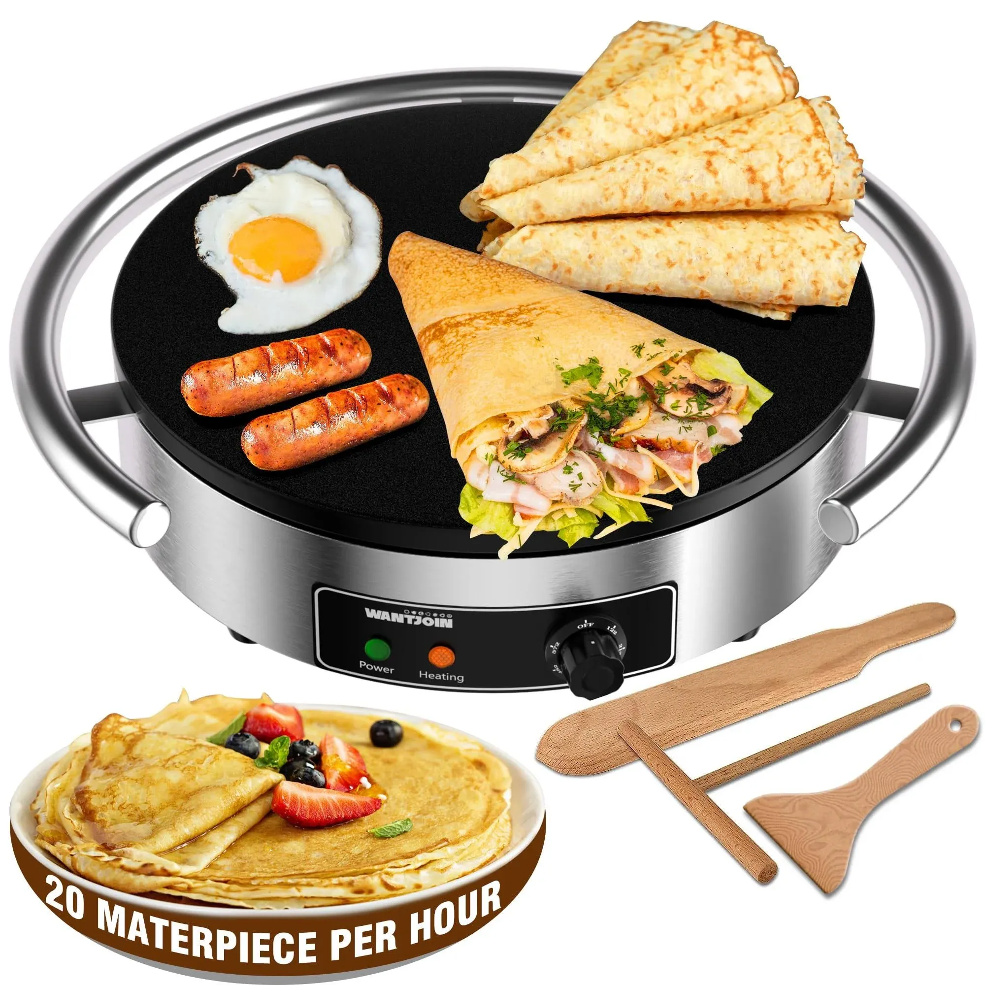 WantJoin Commercial Electric Crepe Maker 16 Inch 110V Non-Stick 1700W Electri...