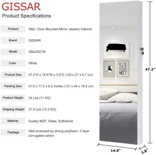 Gissar Full Length Mirror Jewelry Cabinet, 6 LEDs Jewelry Armoire Wall Mounted Over The Door Hanging, Jewelry Organizer Storage with Lights Lockable