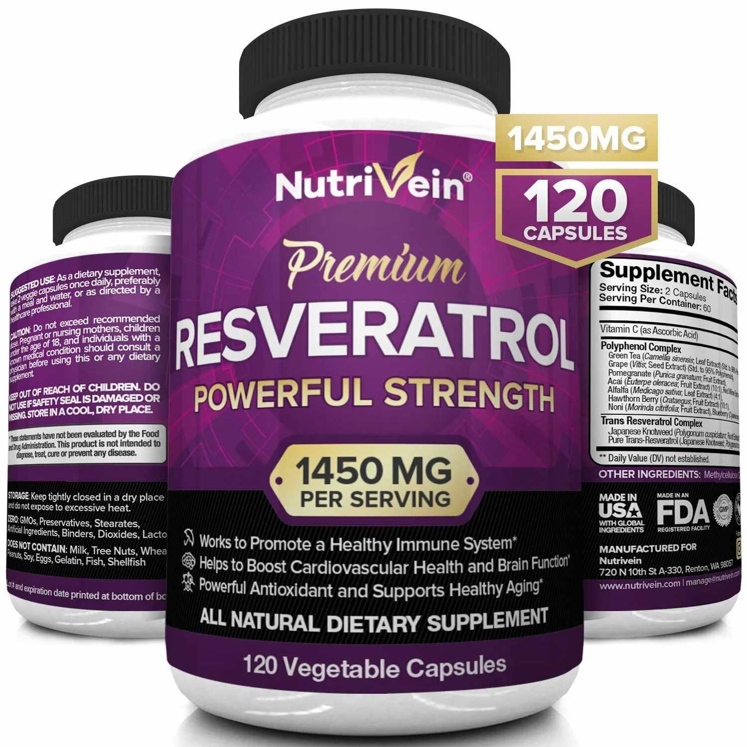 Nutrivein Resveratrol 1450mg - Anti Aging Antioxidant Supplement 120 Capsules -