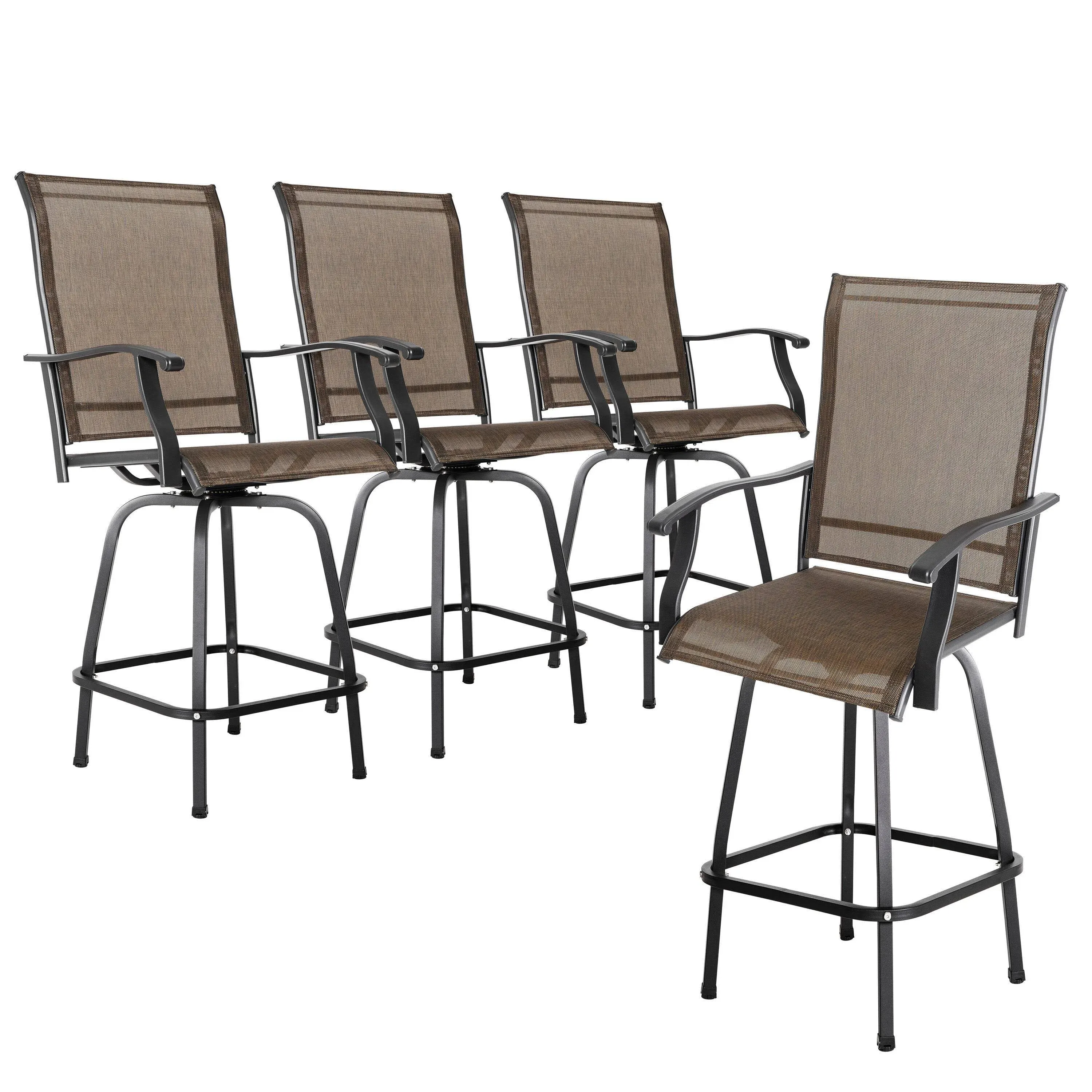 Nuu Garden Patio Swivel Bar Chairs Set of 4 Black and Brown Iron Frame Swivel Bar Stool Chair with Brown Sling Seat | DB137J-4P