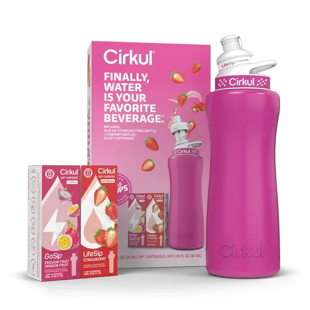 Cirkul 32oz. Hot Pink Stainless Steel Water Bottle Starter Kit with Pink Lid and 2 Flavor Cartridges (1 LifeSip Strawberry, 1 GoSip Passion Fruit Dragon Fruit) Zero Calories and No Sugar