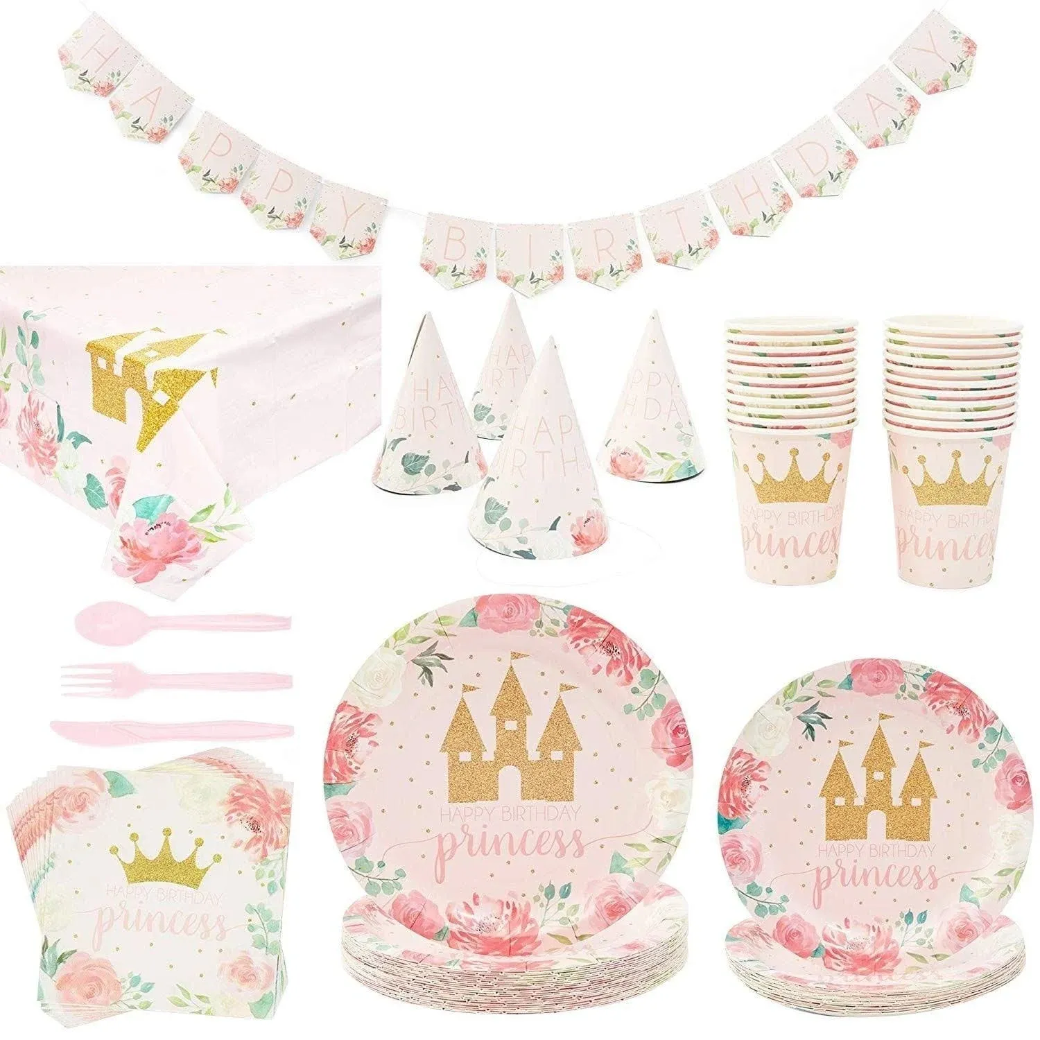 Princess Birthday Party Decorations Set, Banner, Dinnerware, Hats