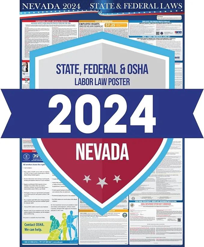 2024 Nevada State and Federal Labor Laws Poster - Osha Workplace Compliant Includes FLSA FMLA and Eeoc Updates - All in One Required Compliance