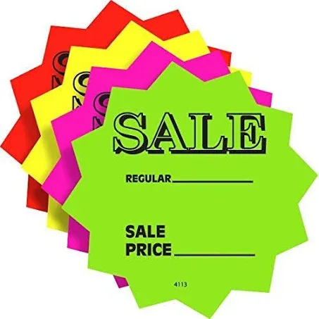 100 3" Sale Price Signs Fluorescent Neon Die Cut Solar Star Burst Retail Cards 25 Each Color, 1 Pack