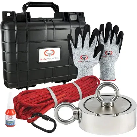 Brute Magnetics 575 lb Magnet Fishing Kit | Includes Single Sided Rare Earth Neodymium Magnet, Waterproof Carry Case, 65ft Rope with Heavy Duty Carabiner, Gloves, and Threadlocker