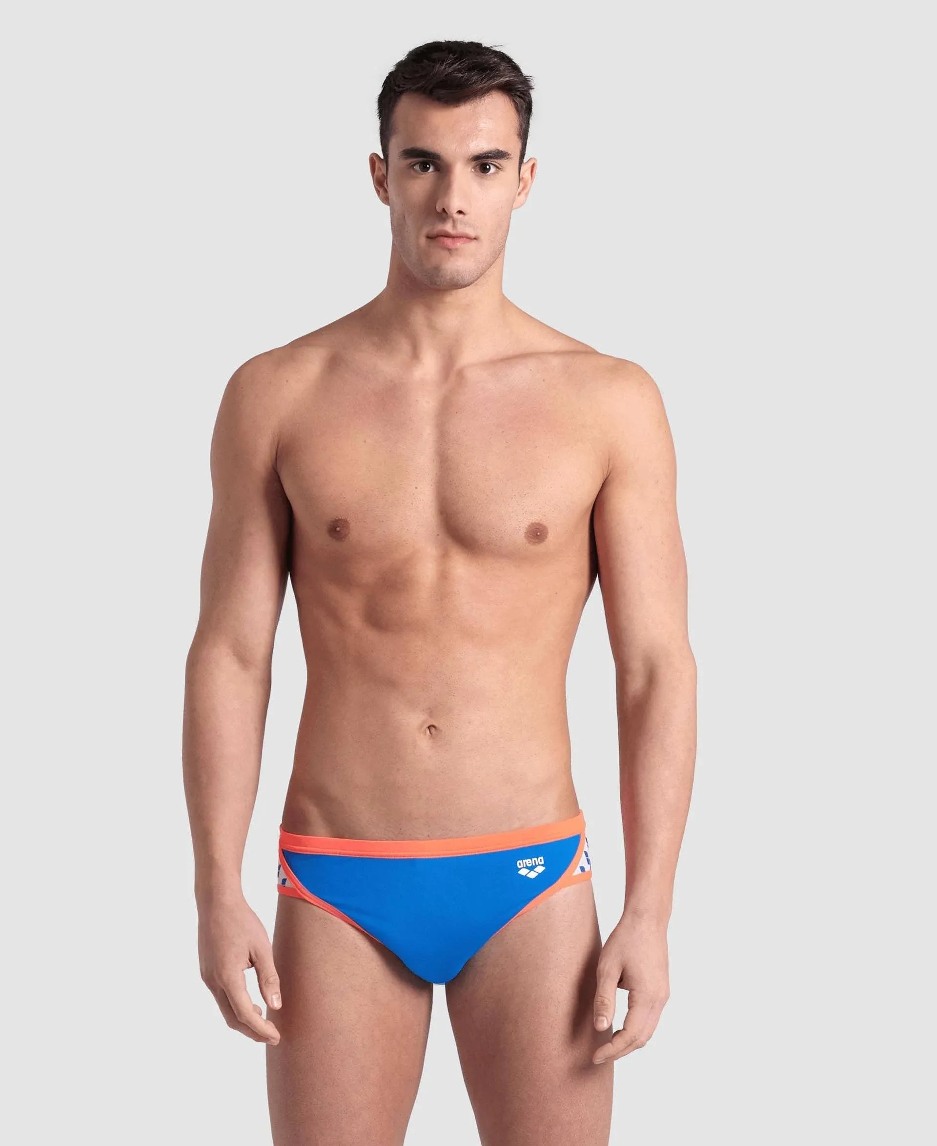 Arena Men's Icons Solid Brief Swimsuit - Blue River/Bright Coral | Polyester - Swimoutlet.com