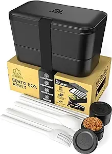 Umami Large Bento Box Adult Lunch Box Space-Saving Nestable Design w/4 Utensils, 2 Sauce Jars, Versatile, Leakproof Bento Lunch Box, Microwavable, di