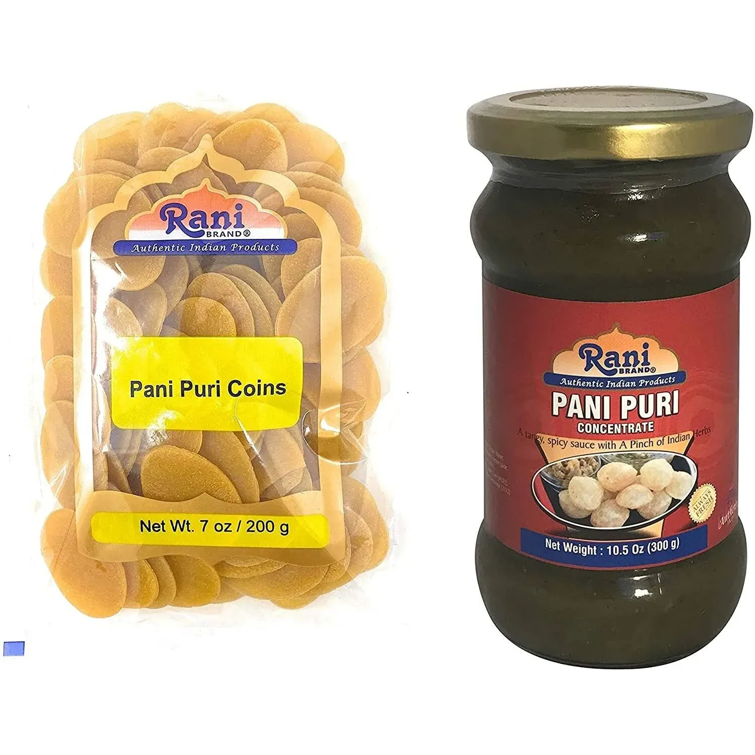 Rani Pani Puri Coins (uncooked, Microwaveable Wheat and Semolina Coins) 7oz (200g) with Pani Puri Concentrate (sweet & Spicy to Make Pani Water 10.5oz