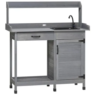 Outsunny Garden Potting Bench Table with Sink, Lockable Storage Cabinet and Open Shelf, Outdoor Planting Workstation with Steel Tabletop, Gray