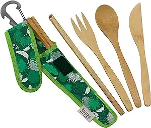 Premium Reusable Bamboo Utensil Travel Set | Includes Fork, Knife, Spoon, Chopsticks, & Carabiner Clip | Made from Sustainable Materials | Eco-Conscious | Green Tropics (Pack of 1)