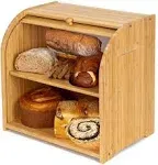 Purbambo Bamboo Bread Box for Kitchen Countertop, Double Layer Roll-top Bread Storage Boxes Food Keeper With Adjustable Middle Shelf