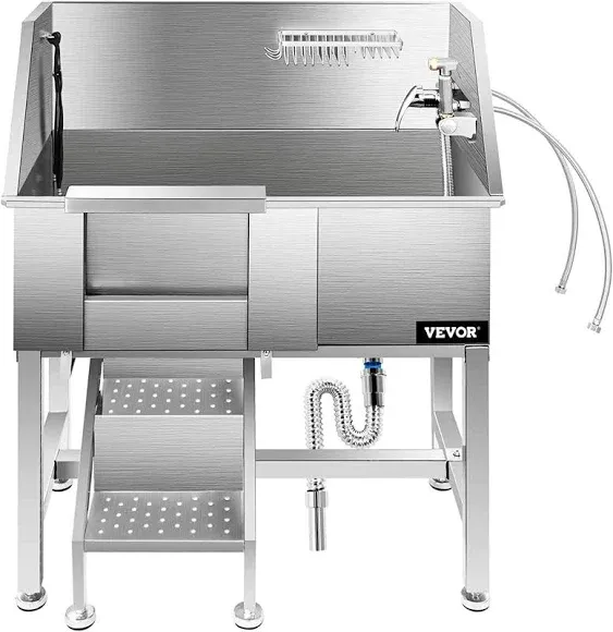 VEVOR 34 in. Pet Grooming Tub Stainless Steel Dog Wash Station Pet Washing Station & Dog Bath Tub Water-Resistant Grooming Tub for Dogs with Removabl