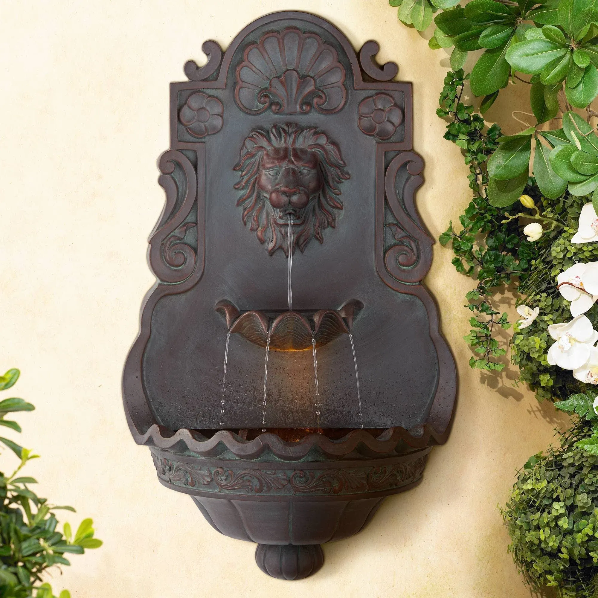 Lion Head Roman Outdoor Wall Tiered Water Fountain 31 1/2" High with LED Light for Garden Patio Backyard Deck Home Lawn Porch House Relaxation Exterior Balcony Entryway Hallway - John Timberland