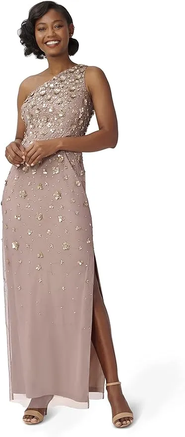 Adrianna Papell Floral Beaded One Shoulder Sleeveless Gown - 8