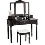 Kids Vanity Table and Chair Set, Girls Vanity Set with Stool, Tri-Folding Mirror