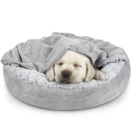 JOEJOY Small Dog Bed Cat Bed with Hooded Blanket, Cozy Cuddler Luxury Puppy Pet Bed, Donut Round Calming Anti-Anxiety Dog Burrow Cave Bed - Anti-Slip Bottom and Machine Washable 23 inch