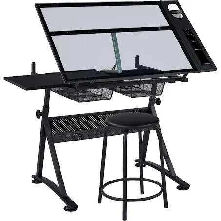 Yaheetech Drafting Table w/Stool Height Adjustable Multifunctional Art Craft Artists Desk Tilting Glass Tabletop Diamond Paintings Work Station w/2 Storage Drawers for Home Office