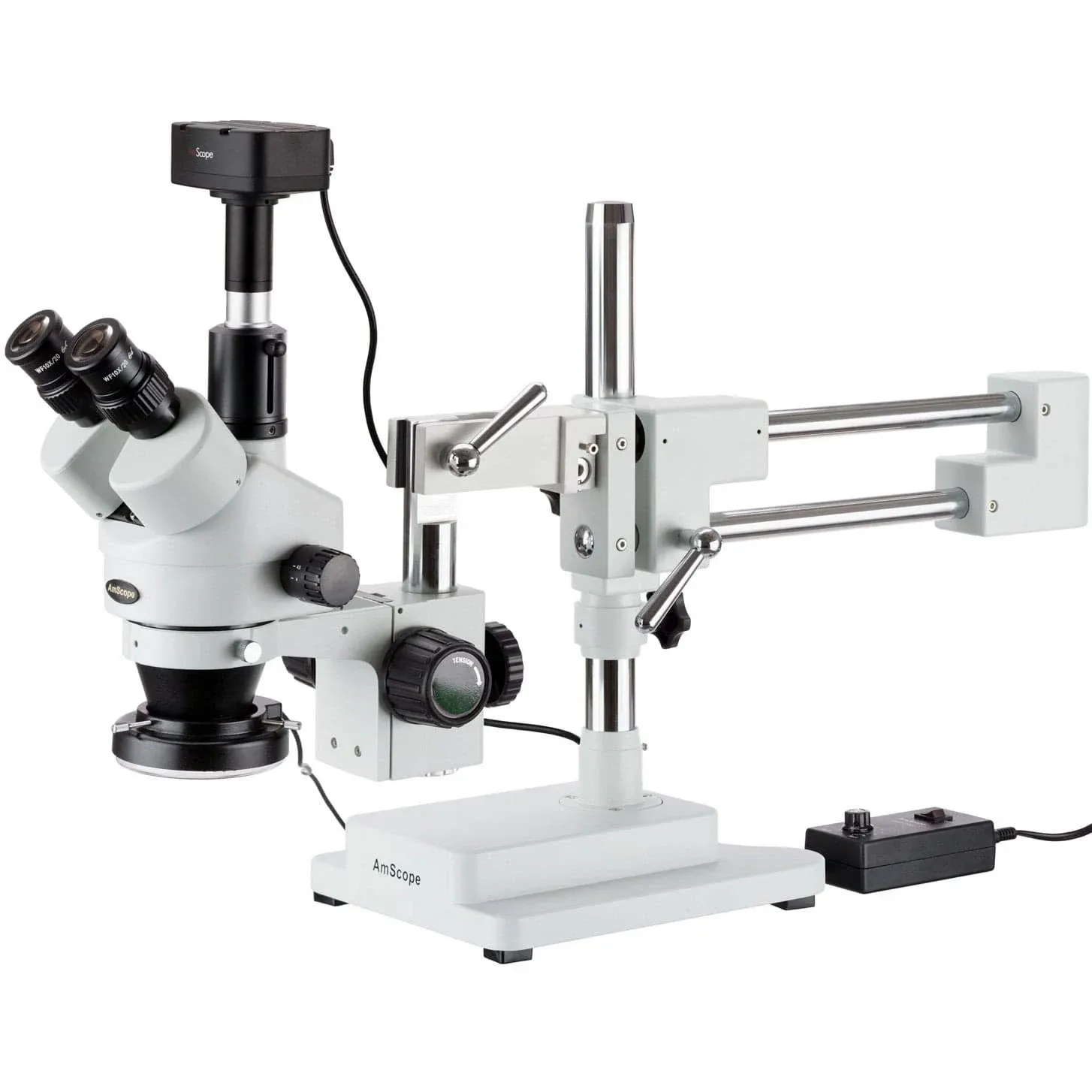 AmScope SM-4TZ-144-5MT Trinocular Stereo Microscope, WF10x Eyepieces, 3.5X-90X Magnification, 0.7X-4.5X Objective Power, 0.5X and 2.0X Barlow Lenses, 144-Bulb Ring-Style LED Light Source, Double-Arm Boom Stand, 110-240V, Includes 5MP Camera and Software