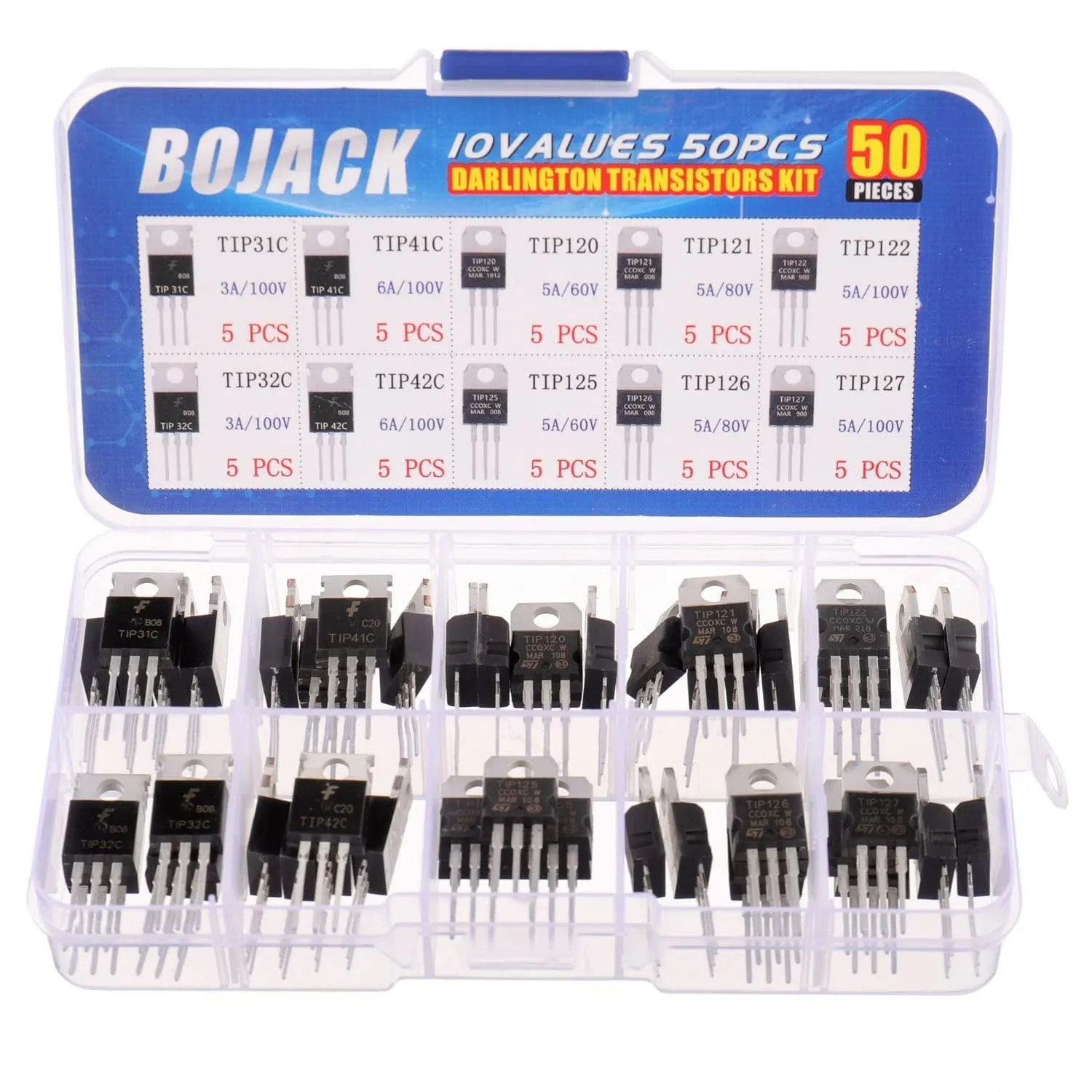 Bojack 10 Values 50 Pcs Silicon Epitaxial Power Transistor TIP31C TIP32C TIP41C TIP42C TIP120 TIP121 TIP122 TIP125 TIP126 TIP127 Darlington