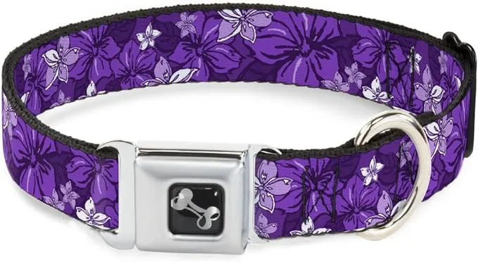 Buckle-Down Dog Collar Seatbelt Buckle Hibiscus Collage Purple Shades 15 to 26 Inches 1.0 Inch Wide, Multicolor (DC-W30877-L)