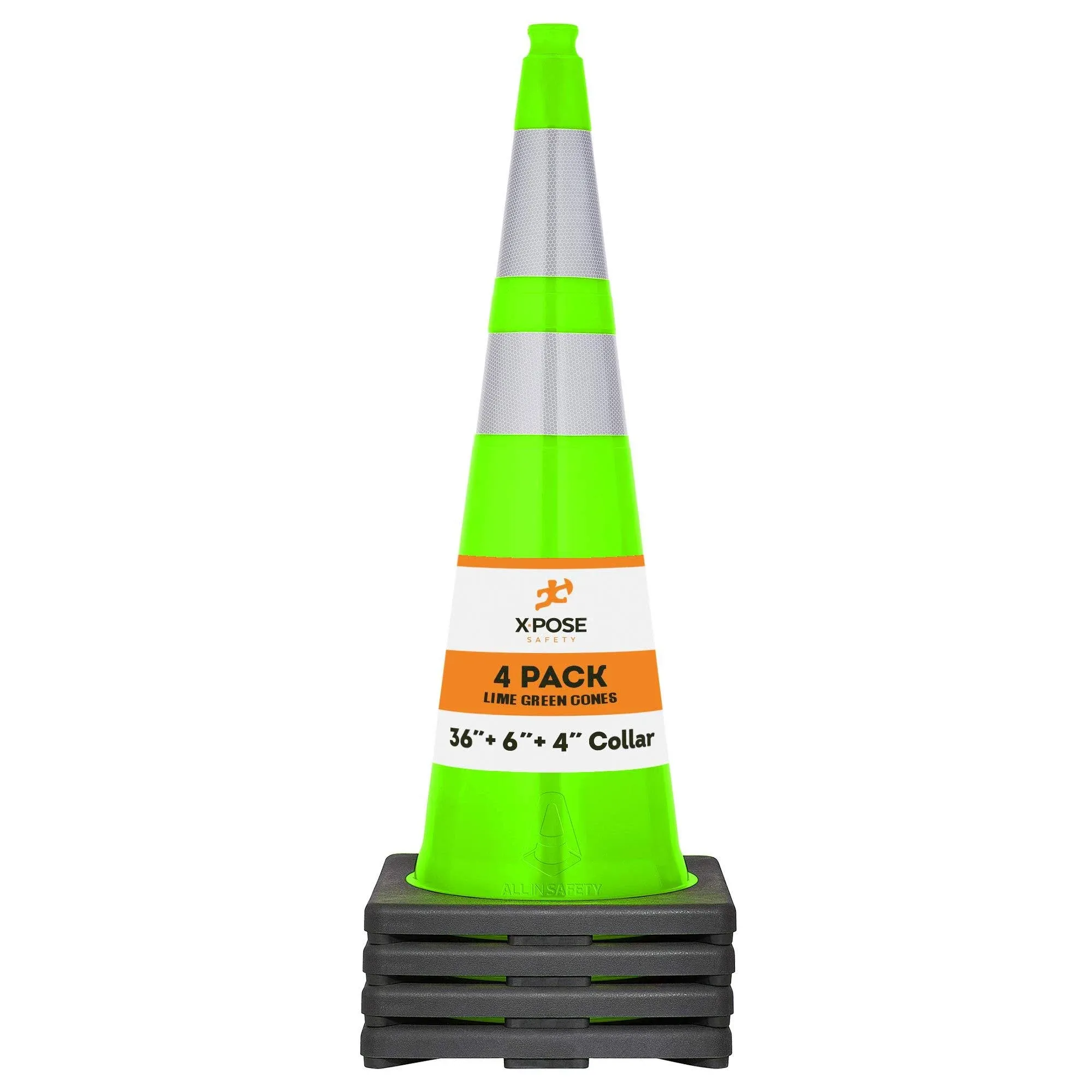 36 Lime Green Traffic Cone - Dual 6 inch & 4 inch Reflective Collar 4 Pack - Multipurpose Premium PVC Safety Cone for Parking, Caution, Construction,