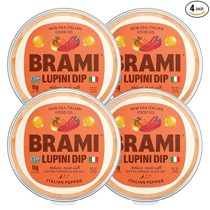 BRAMI Roman Lupini Bean Dip, Spread & Hummus | 0g Sugar, 0g Net Carbs | Keto, Vegan, Vegetarian, Mediterranean, Non-Perishable, Shelf-Stable, Low Carb, Low Calorie | 10oz (Calabrian Pepper, 4 Count)