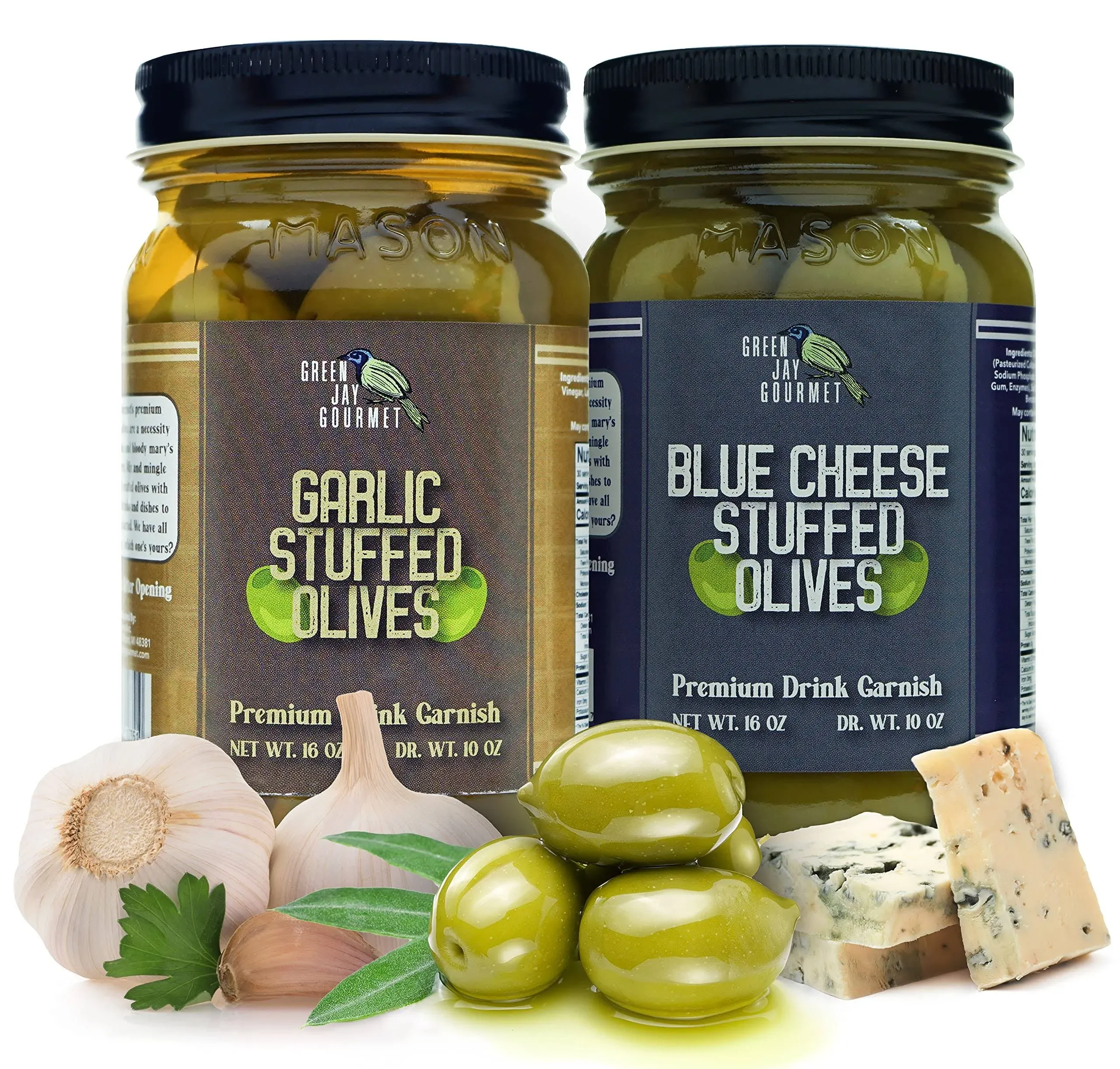 Green Jay Gourmet Garlic & Blue Cheese Stuffed Olives – Stuffed Green Olives for ...