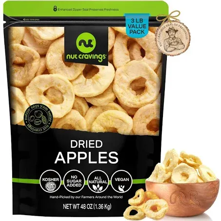 NUT CRAVINGS Dry Fruits - Dried Apple Rings Slices, No Sugar Added - Chewy Soft Texture (48oz - 3 LB) Packed Fresh in Resealable Bag - Sweet Snack, Healthy Food, All Natural, Vegan, Kosher Certified