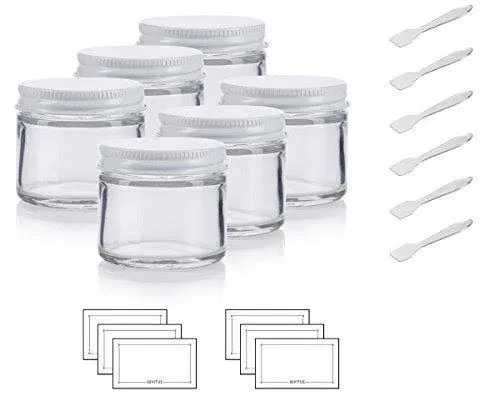 JUVITUS Clear Thick Glass Straight Sided Jar with White Metal Airtight Lid - 2 oz ...