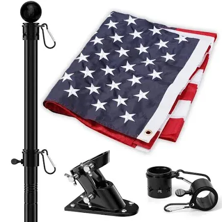 American Flag and Flag Pole for House Outside, 5ft Heavy Duty Flag Pole Kit with 3x5 Embroidered USA Flag, Tangle Free Steel Black Flag Pole with Bracket for Residential, Commercial, Outdoors Garden