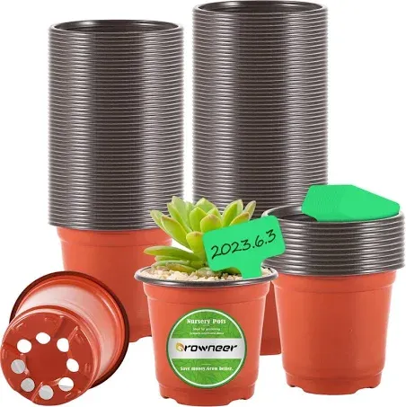 GROWNEER 120 Packs 4 Inch Plastic Plant Nursery Pots with 15 Pcs Plant Labels, Seed Starting Planting Pot Flower Planter Container for Succulents, Seedlings, Cuttings, Transplanting