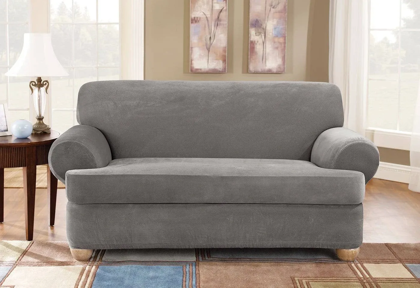 Stretch Pique 2pc T-Loveseat Flannel Gray - Sure Fit