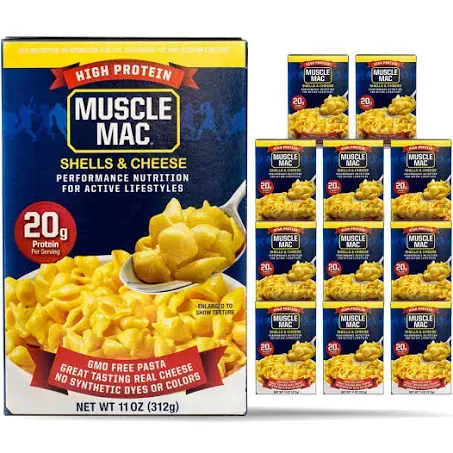 Muscle Mac® | Shells & Cheese Pasta For All Ages, 20 Grams Of Protein Per Serving, Real Cheese, Non-GMO, 11 Ounce (Pack of 12)