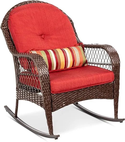 Best Choice Products Outdoor Wicker Rocking Chair for Patio, Porch w/ Steel Frame, Weather-Resistant Cushions - Red