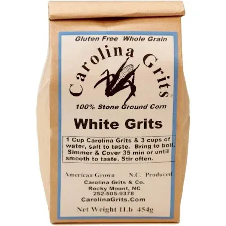 Carolina Grits Company Traditionally Stone Ground Carolina White Grits, Whole Grain, Gluten Free and non-GMO (White, 1 Pack (16 ounces))