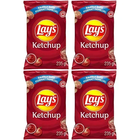 Lay's Ketchup Flavoured Potato Chips Family Bag; Canadian Chips; For Sharing; 235g/8.28oz (Pack of 4) Shipped from Canada