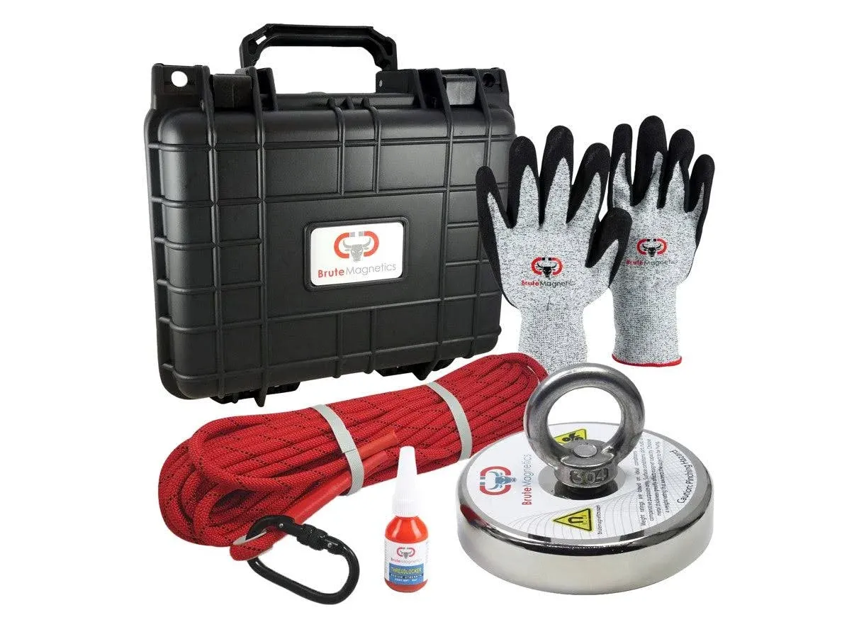 Brute Magnetics 2600 lb Magnet Fishing Kit: Complete Kit with Brute Box Carry Case, Rare Earth 4.57" Neodymium Double Sided Magnet, 65ft Rope with Carabiner, Strong Grip Gloves, and Threadlocker