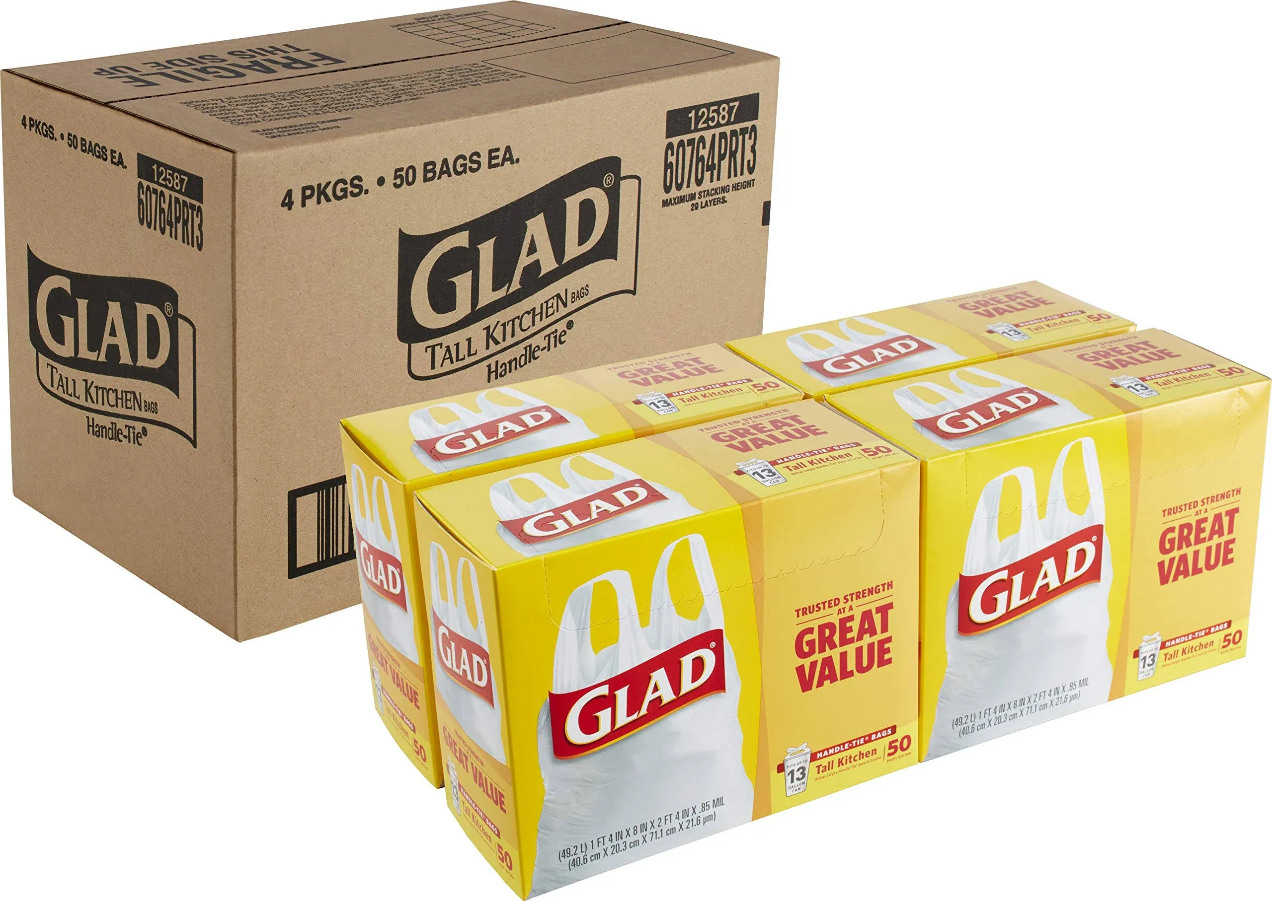 Glad Trash Bags, Tall Kitchen Garbage Bags, 13 Gallon Handle Tie Trash Big for Kitchen, Unscented, 50 Count (Pack of 4)