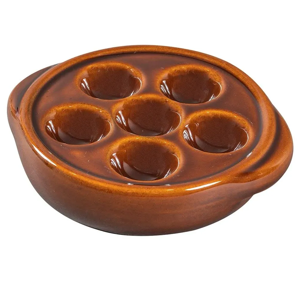 Round Brown Escargot Plate, 6 Holes Ceramic Serving Dish with Handles, by Browne