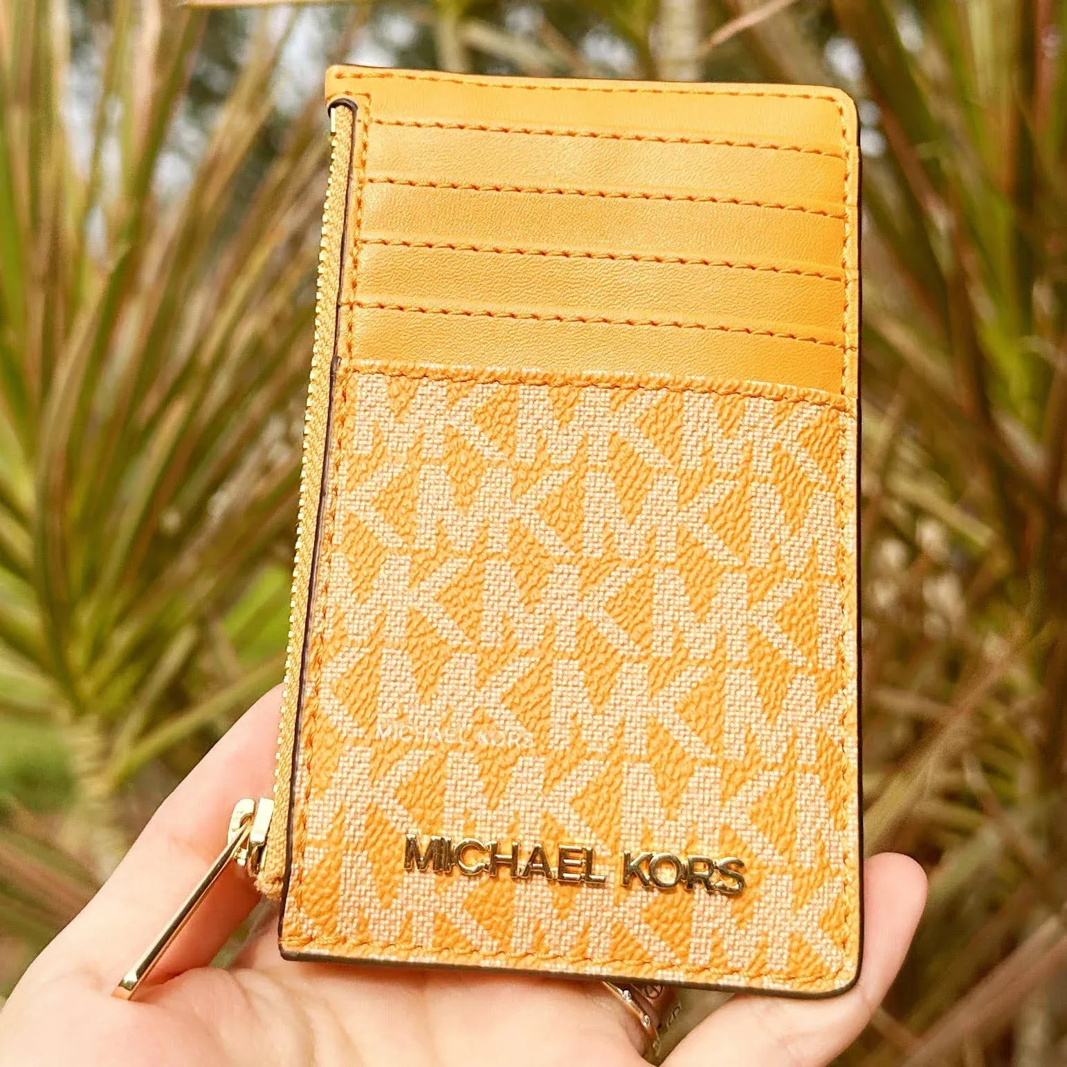 Michael Kors Jet Set Travel Top Zip Card Case Wallet MK Honeycomb Yellow